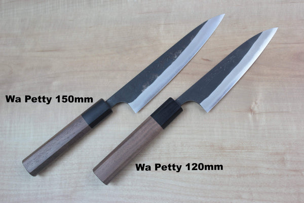 Fu-Rin-Ka-Zan Aogami Super Kurouchi Series Wa Petty (120mm and 150mm, 2 sizes, Octagon Shaped Walnut-Wood Handle) - japanesechefsknife.mom