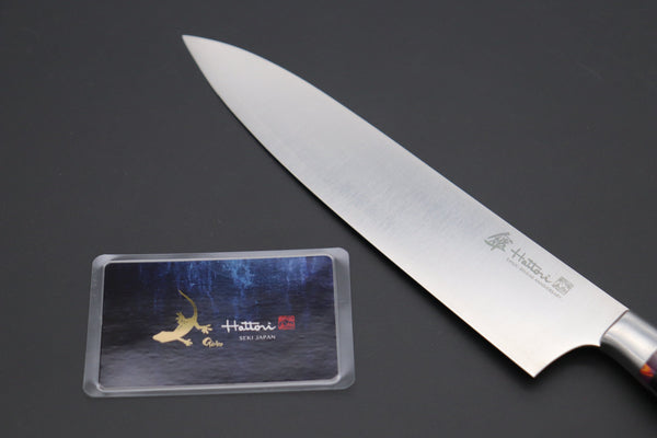 Hattori Gyuto Hattori 傘 SAN-GECKO Limited Edition GECKO-18E Gyuto 210mm (8.2 Inch, Linen Micarta / Royal Purple Hybrid-Resin Handle)