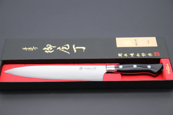 Hattori Gyuto Hattori 傘 SAN-GECKO Limited Edition GECKO-18E Gyuto 210mm (8.2 Inch, Linen Micarta / Royal Purple Hybrid-Resin Handle)