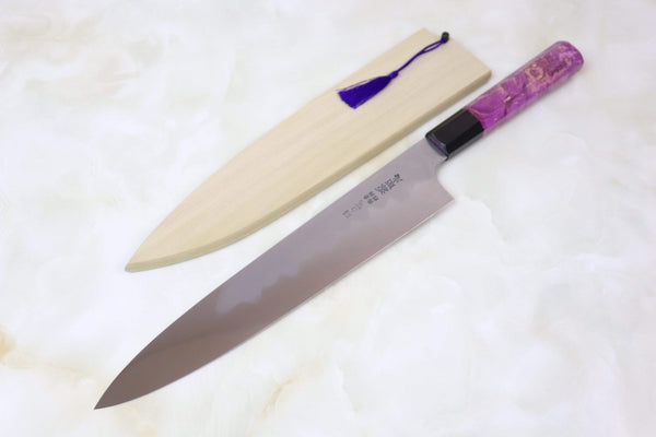 Mizuno Tanrenjo Wa Gyuto Wa Gyuto 240mm(9.4 inch) / Octagon Shaped Purple Color Stabilized Maple Burl Wood Handle with Water Buffalo Horn Ferrule / Regular (Without Honba-Duke Sharpening Service) Mizuno Tanrenjo Akitada Honyaki Series - Special Custom Order "KS-Style" White Steel Wa-Gyuto (MTHYKS-SP-2)