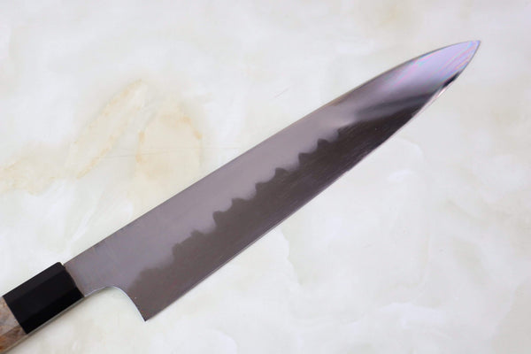 Mizuno Tanrenjo Wa Gyuto Wa Gyuto 240mm(9.4 inch) / Octagon Shaped Artistic Gray Color Stabilized Maple Burl Wood Handle with Water Buffalo Horn Ferrule / Regular (Without Honba-Duke Sharpening Service) Mizuno Tanrenjo Akitada Honyaki Series - Special Custom Order "KS-Style" White Steel Wa-Gyuto (MTHYKS-SP-4)