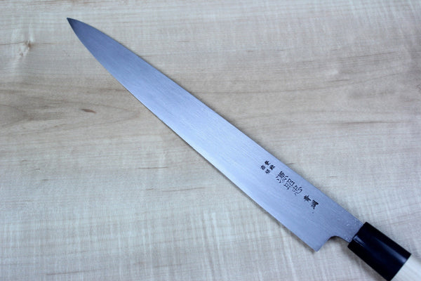 Mizuno Tanrenjo Akitada Hontanren Series Blue Steel No.2 Clad Wa Sujihiki (270mm and 300mm) - japanesechefsknife.mom