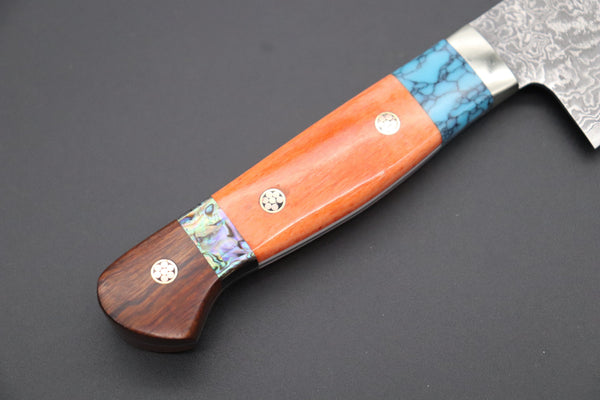 Mr. Itou Gyuto Mr. Itou R-2 Custom Damascus Gyuto 165mm (6.4 Inch) "Custom Combination Handle(Turquoise Gem-Composite Stone/Orange Color Camel Bone/Abalone/Ironwood)" (IT-151)