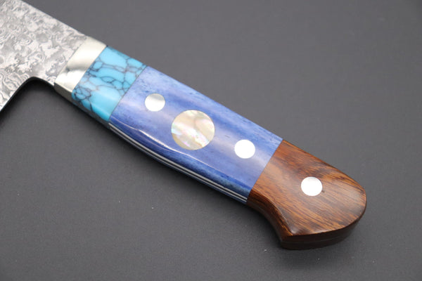 Mr. Itou Santoku Mr. Itou “Luna Series” R-2 Custom Damascus Santoku 170mm (6.6 inch, "Custom Combination Handle(Turquoise Gem-Composite Stone/Blue Color Camel Bone/Ironwood)" (IT-162)