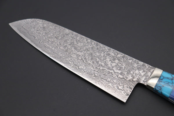 Mr. Itou Santoku Mr. Itou “Luna Series” R-2 Custom Damascus Santoku 170mm (6.6 inch, "Custom Combination Handle(Turquoise Gem-Composite Stone/Blue Color Camel Bone/Ironwood)" (IT-162)