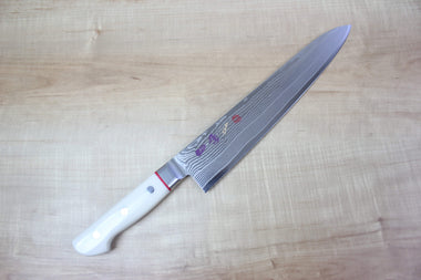 Limited Edition, SHIKI 守護神 Guardian Series "Calm Wave Damascus Version" SKCI-6L Gyuto 240mm (9.4 inch, White Corian Handle) - japanesechefsknife.mom