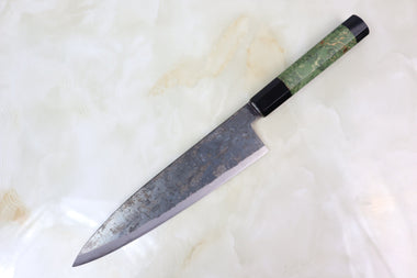 Shirou-Kunimitsu Wa Gyuto Shirou-Kunimitsu White Steel No.2 Kurouchi Series Special Edition SK-5SP28 Wa Gyuto 210mm (8.2 Inch, Forrest Green Color Stabilized Maple Burl Wood Handle)