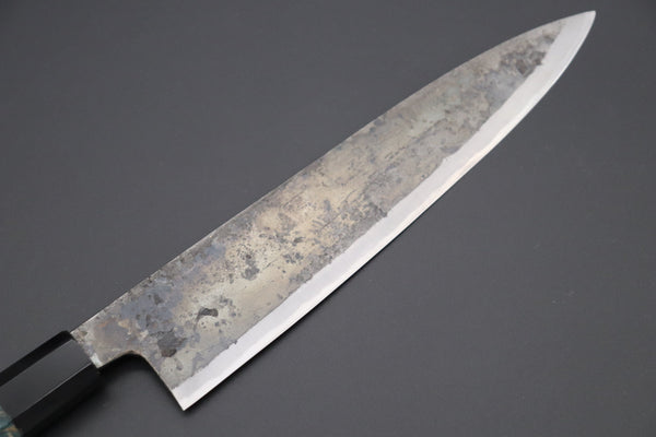Shirou-Kunimitsu Wa Gyuto Shirou-Kunimitsu White Steel No.2 Kurouchi Series Special Edition SK-6SP29 Wa Gyuto 240mm (9.4 Inch, Ocean Blue Color Stabilized Maple Burl Wood Handle)