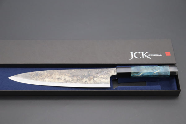 Shirou-Kunimitsu Wa Gyuto Shirou-Kunimitsu White Steel No.2 Kurouchi Series Special Edition SK-6SP29 Wa Gyuto 240mm (9.4 Inch, Ocean Blue Color Stabilized Maple Burl Wood Handle)