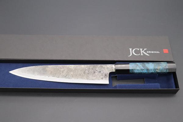 Shirou-Kunimitsu Wa Gyuto Shirou-Kunimitsu White Steel No.2 Kurouchi Series Special Edition SK-6SP30 Wa Gyuto 240mm (9.4 Inch, Ocean Blue Color Stabilized Maple Burl Wood Handle)