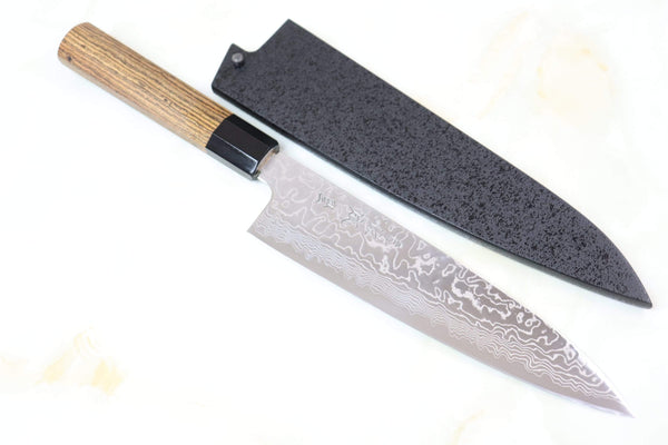Sukenari Wa Gyuto G3D-1BB Wa Gyuto 210mm(8.2inch, Black Color Water Buffalo Horn Ferrule) Sukenari Gingami No.3 Nickel Damascus Wa Gyuto (210mm to 270mm, 3 sizes, Octagon Shaped Bocote Wooden Handle)