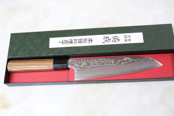 Sukenari ZDP-189 Nickel Damascus SZDP189-SB Wa Santoku 190mm (7.4 inch, Octagon Shaped Bocote Wooden Handle)