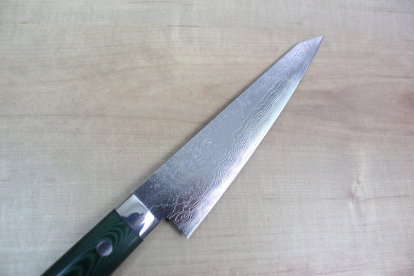 Takeshi Saji VG-10 Custom Damascus Wild Series STG-B Honesuki | Boning Knife 150mm (5.9 inch, Green Linen Micarta Handle) - japanesechefsknife.mom