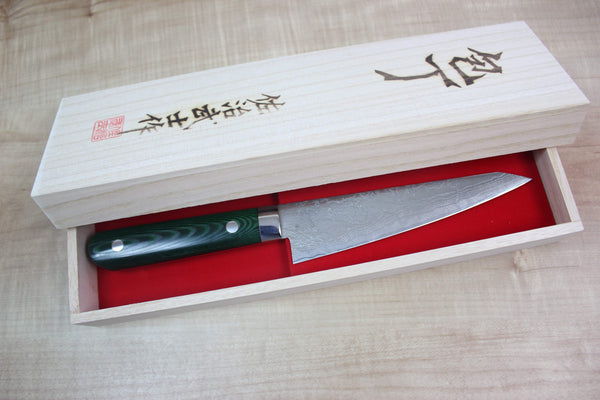 Takeshi Saji VG-10 Custom Damascus Wild Series STG-B Honesuki | Boning Knife 150mm (5.9 inch, Green Linen Micarta Handle) - japanesechefsknife.mom