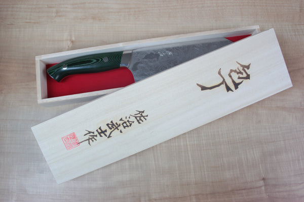 Takeshi Saji VG-10 Custom Damascus Wild Series Bunka 175mm (6.8 inch, Green Linen Micarta Handle) - japanesechefsknife.mom