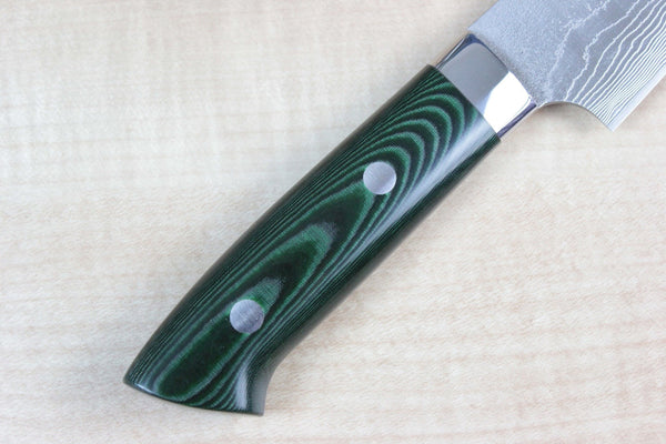 Takeshi Saji VG-10 Custom Damascus Wild Series Gyuto (135mm and 150mm, Green Linen Micarta Handle) - japanesechefsknife.mom