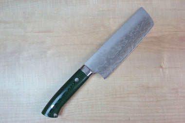 Takeshi Saji VG-10 Custom Damascus Wild Series Nakiri 165mm (6.4 inch, Green Linen Micarta Handle) - japanesechefsknife.mom
