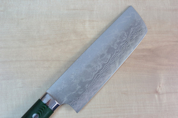 Takeshi Saji VG-10 Custom Damascus Wild Series Nakiri 165mm (6.4 inch, Green Linen Micarta Handle) - japanesechefsknife.mom