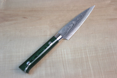 Takeshi Saji VG-10 Custom Damascus Wild Series Paring 90mm (3.5 inch, Green Linen Micarta Handle) - japanesechefsknife.mom