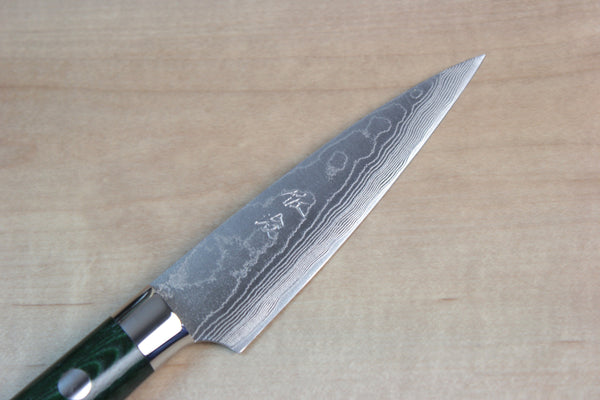 Takeshi Saji VG-10 Custom Damascus Wild Series Paring 90mm (3.5 inch, Green Linen Micarta Handle) - japanesechefsknife.mom
