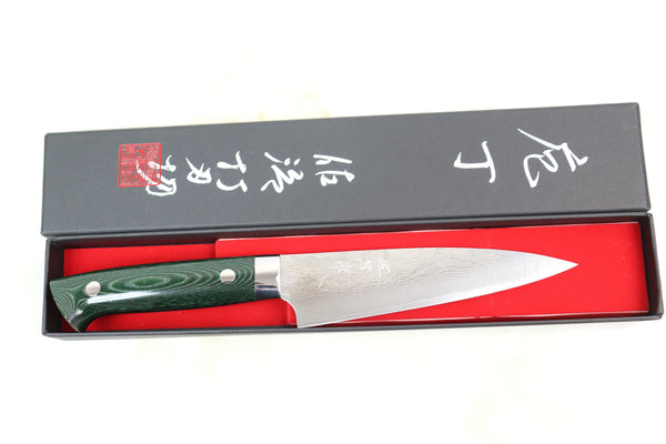 Takeshi Saji Petty Takeshi Saji VG-10 Custom Damascus Wild Series Petty (135mm & 150mm, 2 Sizes, Green Linen Micarta Handle)