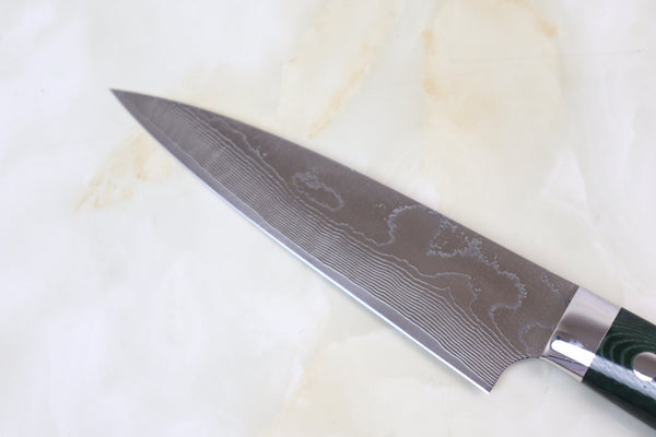 Takeshi Saji Petty Takeshi Saji VG-10 Custom Damascus Wild Series Petty (135mm & 150mm, 2 Sizes, Green Linen Micarta Handle)