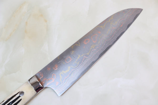 Takeshi Saji Santoku Master Saji Rainbow Damascus Series Santoku 180mm (7 inch, Stag Bone Handle)