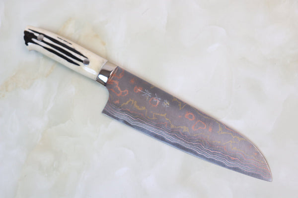 Takeshi Saji Santoku Master Saji Rainbow Damascus Series Santoku 180mm (7 inch, Stag Bone Handle)