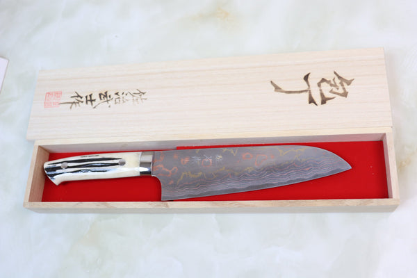 Takeshi Saji Santoku Master Saji Rainbow Damascus Series Santoku 180mm (7 inch, Stag Bone Handle)