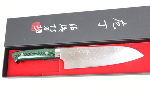 Takeshi Saji Santoku STG-4 Santoku 180mm (7 inch) / Green Linen Micarta Handle Takeshi Saji VG-10 Custom Damascus Wild Series Santoku 180mm (7 inch, Green Linen Micarta Handle)