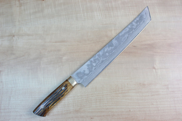 Takeshi Saji VG-10 Custom Damascus Wild Series Katana Slicer 270mm (10.6 inch, Stag Bone Handle) - japanesechefsknife.mom