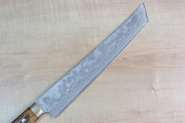 Takeshi Saji VG-10 Custom Damascus Wild Series Katana Slicer 270mm (10.6 inch, Stag Bone Handle) - japanesechefsknife.mom
