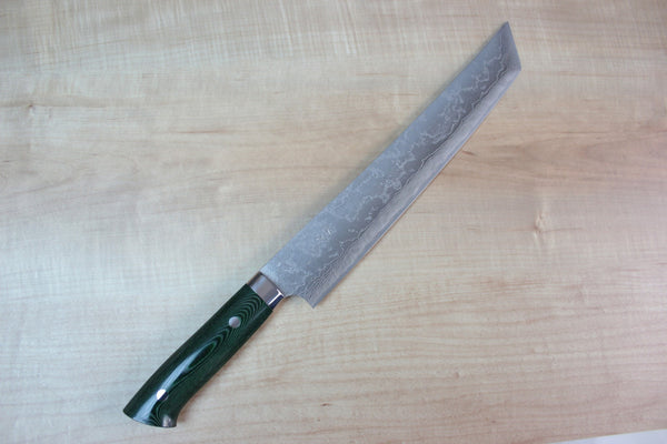 Takeshi Saji VG-10 Custom Damascus Wild Series Katana Slicer 270mm Green Linen Micarta Handle (10.6 inch) - japanesechefsknife.mom