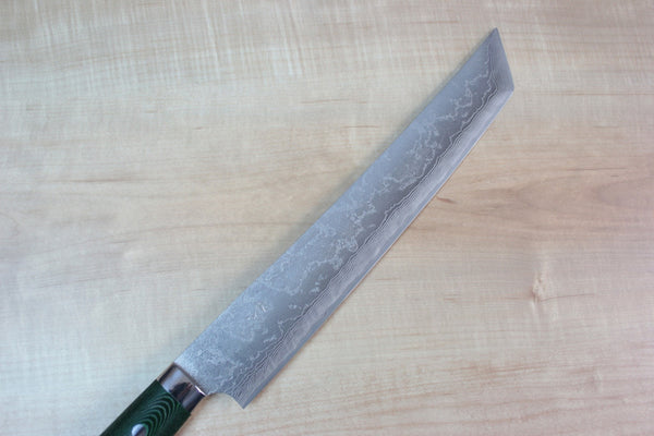 Takeshi Saji VG-10 Custom Damascus Wild Series Katana Slicer 270mm Green Linen Micarta Handle (10.6 inch) - japanesechefsknife.mom