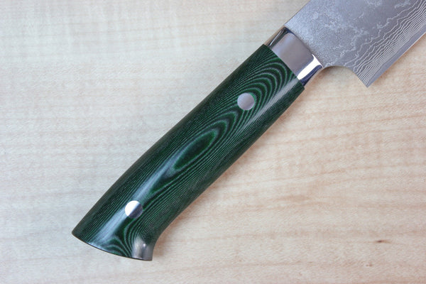 Takeshi Saji VG-10 Custom Damascus Wild Series Katana Slicer 270mm Green Linen Micarta Handle (10.6 inch) - japanesechefsknife.mom
