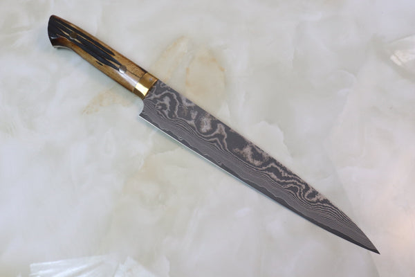 Takeshi Saji VG-10 Custom Damascus Wild Series ST-6SS Sujihiki 240mm (9.4 Inch, Stag Bone Handle) - japanesechefsknife.mom