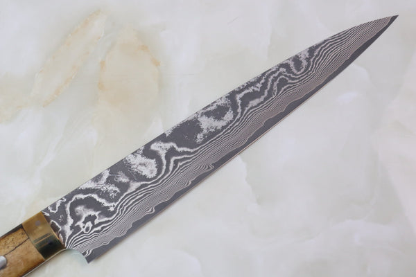 Takeshi Saji VG-10 Custom Damascus Wild Series ST-6SS Sujihiki 240mm (9.4 Inch, Stag Bone Handle) - japanesechefsknife.mom